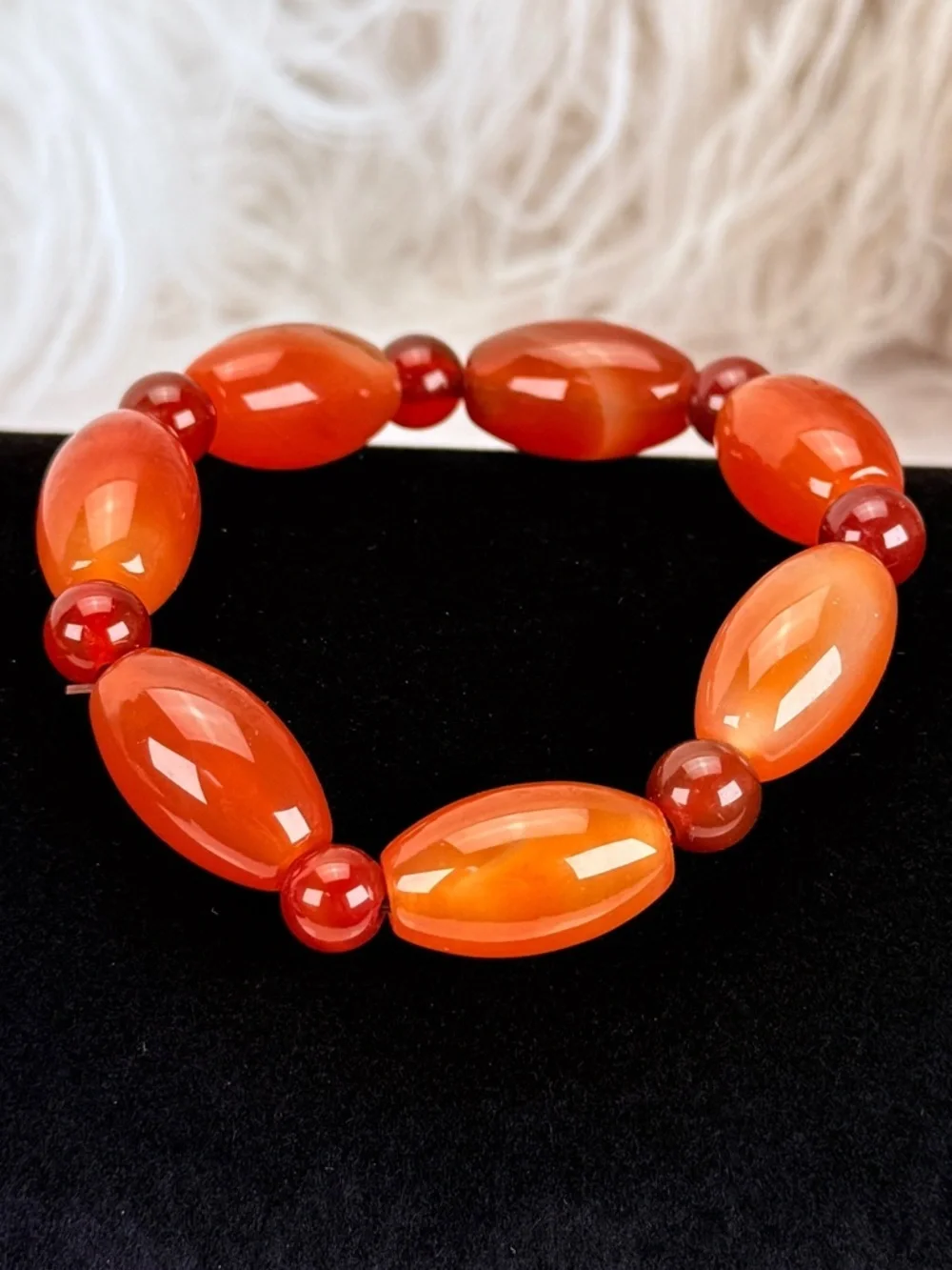 Orange, red agate carnelian stone stretch beaded bracelet